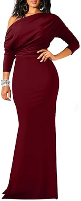 YMDUCH Women's Sexy Elegant Long Sleeve Off Shoulder Bodycon Long Evening Formal Dress WineRed