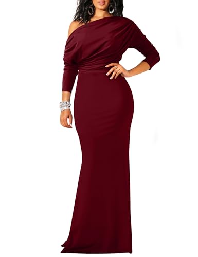 YMDUCH Damen Sexy Elegant Langarm Schulterfrei Bodycon Langes Abendkleid Formal Kleid, Weinrot, Groß