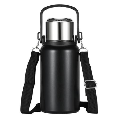 Insulated Water Bottle 32oz, Metal Water Bottle Double-Wall Stainless Steel, 2 Lids Large Water Bottle with Handle with Strap with Fliter, Keep Hot&Cold 24h For Gym Sports Travel Hiking Camping, Black