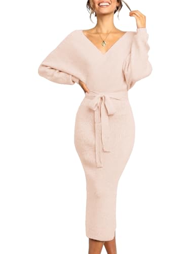 Image of Chang Yun Women's Long Maxi Sweater Dresses Sexy Wrap Batwing V Neck Slit Open Back Holiday Bodycon Dress with Belt