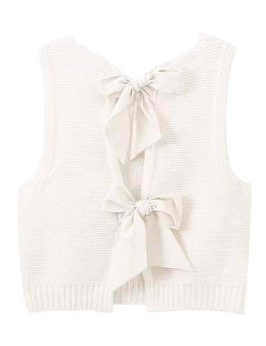 Lianlive Sweater Vest Top for Women Casual Crop Knit Cardigan Vest Bow Tie Back Knit Tank Tops (White-S)