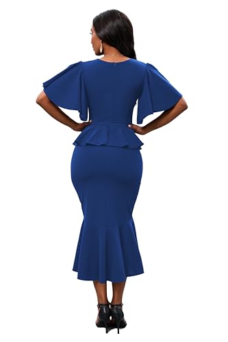 Image of Womens Summer Ruffle Short Sleeve Fishtail Dress Evening Cocktail Formal Peplum Midi Mermaid Dresses Elegant