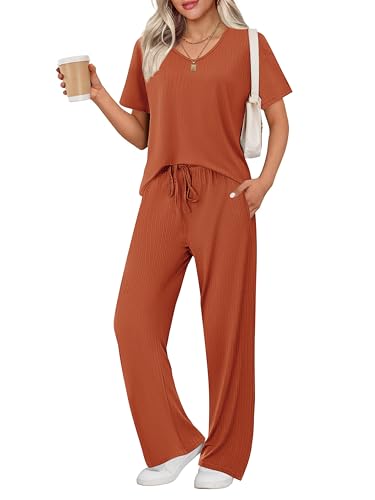 Image of Ekouaer Womens Ribbed Knit Lounge Set Short Sleeve Top and Long Pants Sleepwear Pajama Set Two Piece Matching Outfits Set