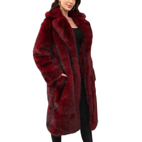 ZhuiKun Manteau Long Femme en Fausse Fourrure avec Poches Trench Chaud Hiver à Col Revers Veste Longue Élégante Coupe-Vent - Vin rouge, XL
