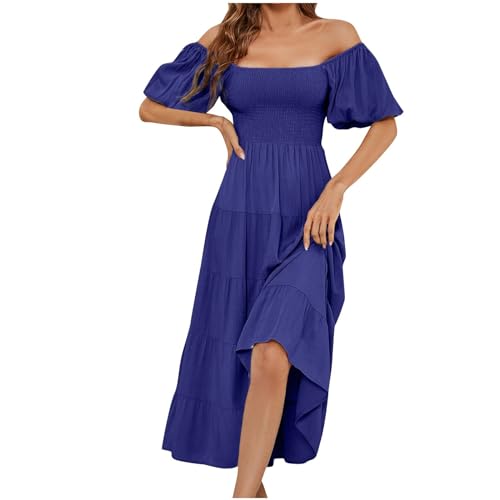 Summer Off Shoulder Maxi Dress - Casual Flowy Tiered Beach Wear, Ladies Swing Holiday Loose Bohemian Square Neck Short Sleeve for Night Out Party