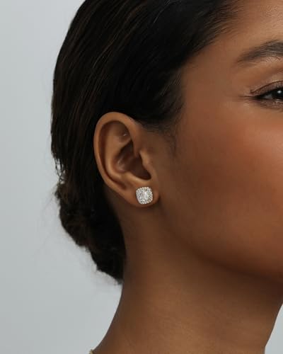 Image of PAVOI 14K Gold Plated 925 Sterling Silver Post Brilliant Round Faux Diamond Halo Earrings - Premium Cubic Zirconia