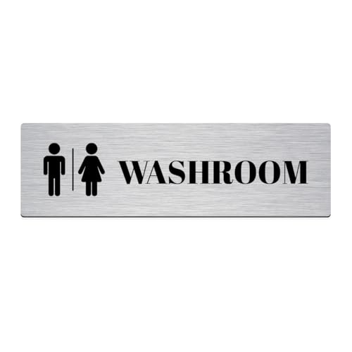 Image of Gifteeng Brushed Silver PVC Office Sign with Double-Sided Tape | Durable 10x3 Inch Signage for Clinics, Malls, Gyms & Hospitals - Available in Silver & Gold (Brushed Silver, Washroom)