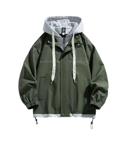 Image of FTIMILD Mens Fake Two Pieces Windbreaker Spring and Fall Vibrant Color Block Coat Lightweight Jacket with Hood
