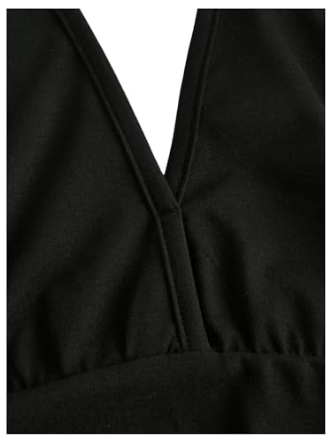 GORGLITTER Women's Flared Flowy Ruched Halter Mini Dresses Ruffle Backless Going Out Mini Swing Dress Black M - Image 3