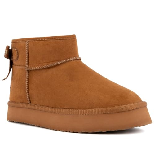 Juicy Couture Women Slip On Winter Boots Warm Microsuede Insulated Fashion Ankle Booties Outdoor Snow Boot-Olden-Cognac Micro-Size 9