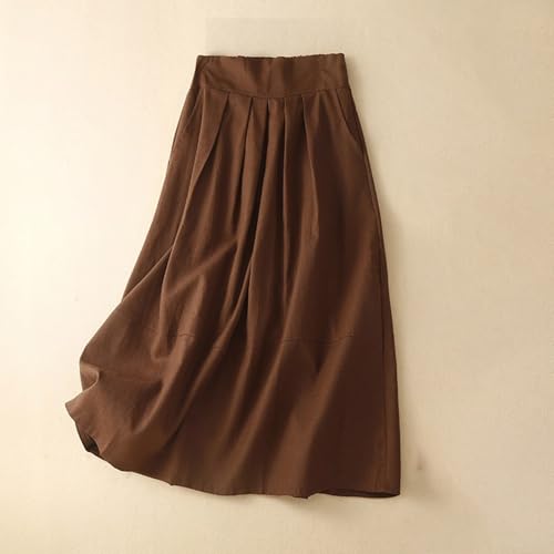 Womens Cotton Linen Skirts Casual Elastic Waist Midi Skirt with Pockets Trendy Pleated Comfy Flowy Swing A-Line Skirts2