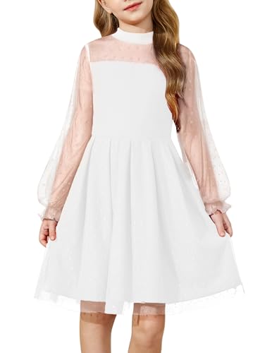 Arshiner Robe Blanche Enfants Manches Longues Robes Mariée Décontractée Robes Mi-Longue Col Rond Hiver Fête Soirée Robe Halloween 11-12 Ans
