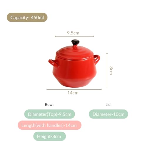 Image of Nestasia Set of 2 Ceramic Serving Pots with Lids (450ml) - Small Handled Pots for Curry, Dal, Rice, Soup & Gravy, Kitchen Tableware & Gift Set (Red)