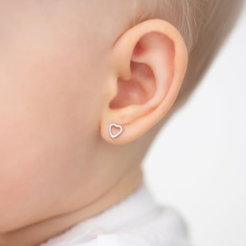 In Season Jewelry 14k White Gold Cute 5mm Open Heart Stud Earrings for Baby Girls & Toddlers, Safety Screw Back, Ages 6m-6yr3