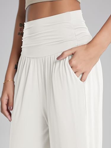 Image of ODODOS Women's Wide Leg Palazzo Lounge Pants with Pockets Light Weight Loose Comfy Casual Pajama Pants-26 Inseam, Off White, Large
