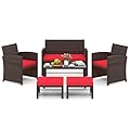 Tangkula 6 Pieces Patio Furniture Set, Outdoor Sectional Conversation PE Rattan Sofa Set with 1 Loveseat, 1 Coffee Table, 2 Armchairs and 2 Ottomans for Garden, Deck, Backyard and Poolside (Red)