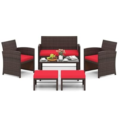 Tangkula 6 Pieces Patio Furniture Set, Outdoor Sectional Conversation PE Rattan Sofa Set with 1 Loveseat, 1 Coffee Table, 2 Armchairs and 2 Ottomans for Garden, Deck, Backyard and Poolside (Red)