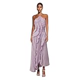 Vestido largo plisado con volantes para mujer, sin mangas, cuello halter, irregular, plisado, de gasa, para invitados de boda, Morado (, M