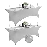 Supero Paquete de 2 fundas de mesa impermeables de elastano para mesa de 8 pies, mantel elástico ajustable universal para fiestas, banquetes, bodas y eventos, color plateado
