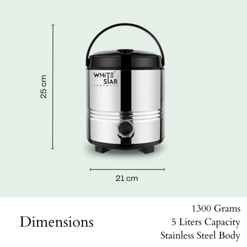 Image of WHITESTAR Stainless Steel Insulated Water Bottle /Jug for Traveling, Office, Kitchen I 5 Liters of Water Storage Container with Airtight Lid and Leak Proof Tap I Unbreakable & Durable