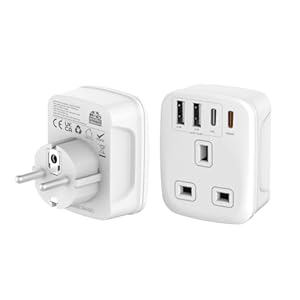 Double Dragon 20W Fast Charging 5-in-1 UK to EU Travel Adapter | 2 USB-A & 2 USB-C Ports | Converts UK 3 PIN Plug to European 2 PIN Plug in Spain, France, Portugal, Germany, Greece, Italy, Sweden, etc