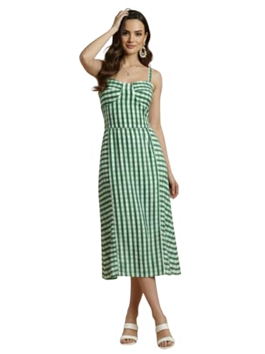 Image of Aahwan Fit and Flare Red Gingham Check Shoulder Ties Slim Fit Midi Cami Dress for Women's & Girl's