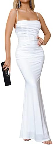 Ellefemme Women's Sleeveless Slip Bodycon Corset Maxi Dress Spaghetti Strap Ruched Elegant Evening Party Long Dresses White L
