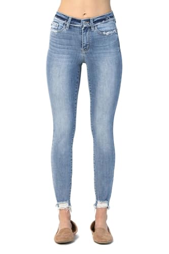 Judy Blue Women's Mid Rise Release Waist Band Distressed Hem Skinny Jeans3