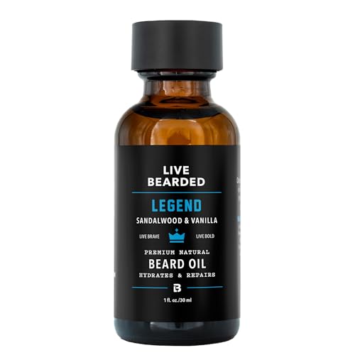 Live Bearded Beard Oil, 1 fl oz - Premium All-Natural Jojoba - Made in the USA - Hair and Skin Care for Men with Dry, Flaky Patches | Legend Scent - Sandalwood, Vanilla