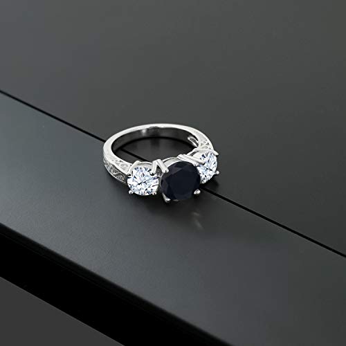 Gem Stone King 925 Sterling Silver Black Onyx and White Created Sapphire 3-Stone Engagement Ring For Women (3.65 Cttw, Round Gemstone Birthstone, Available in size 5, 6, 7, 8, 9)4