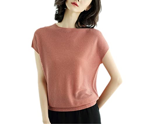 Rfmfkkg Pull ample en soie tricotée à manches courtes et col rond pour femme, rouge corail, XL