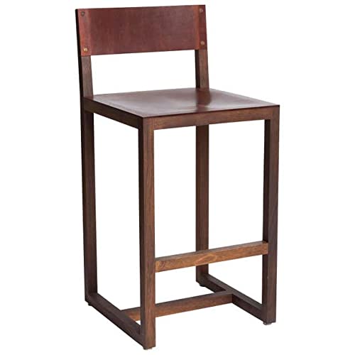 Image of OGESTA Solid Sheesham Wood Bar Chair for Kitchen Island & Breakfast Counter | High Back Wooden Bar Stool with Cushioned Seat | Rustic Walnut Finish | Home Bar & Dining Counter Chair (style 12)