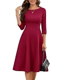 Homrain Damen Vintage Kleid Cocktailkleid Fur Hochzeitsgast Langarm A Linie Flare Kleid Freizeitkleid Midikleid Mit Tasche Dunkelrot S