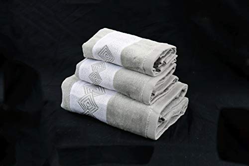 H & A Collection Marina Decoration Premium Luxury Decor Ultra Soft 100% Cotton Embroidered Bathroom Modern 3 Piece Towel Set, Grey Modern Square Pattern #TOP1