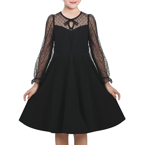 Sunny Fashion Girls Dress Black Floral Lace Sheer Mesh Long Sleeve Hollow V-Back