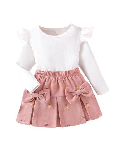 Image of WDIRARA Girls's 2 Piece Cap Long Sleeve Solid Ribbed Top and Embroidered Bow Skirt Set Pink 6Y