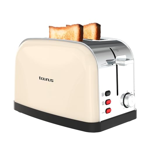 Taurus – Tostador Vintage II Cream, 950W, 2 Ranuras 135 x 35 mm, 7 Niveles, 3 Funciones, Cuerpo INOX, Autocentrado, Recogemigas, Elevación Extra, Recoge Cables, Crema