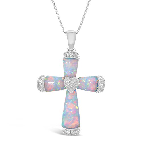 Lavari Jewelers Created White Opal Cross Pendant with .03 cttw Diamonds - Sterling Silver - 18