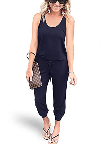 Image of REORIA Women Summer Casual Sleeveless Jersey Jumpsuits Elastic Waist Loose Jumpsuit Rompers with Pockets Navy Blue Large