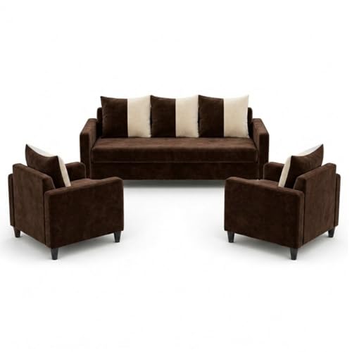 Image of FURNY Rion 3 Seater + 1 Seater + 1 Seater Fabric Sofa Set (Dark Brown-Cream) with Velvet Finish | Durable Comfort | Ideal for Living Room