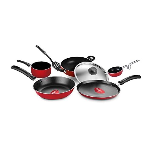 Pigeon by Stoverkraft Non-Stick Cookware Set of 7 Pc w/o Induction Base Includes Nonstick Tawa 23cm, Nonstick Fry Pan 24cm, Nonstick Kadhai with Stainless Steel Lid 24cm, Nonstick Sauce Red, Standard