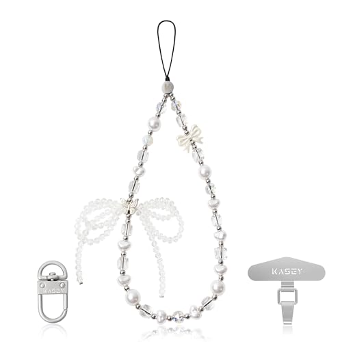 KASEY WHITE BUTTERFLY CHAIN Bonita cadena de cuentas blanca con lazo para teléfono o bolso, accesorio de teléfono, correa para teléfono, cordón para teléfono.