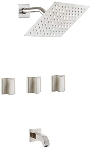 Brushed Nickel 3 Handle Shower Faucet Set with Tub Spout, Bathroom Luxury Rain Mixer Shower System Rainfall Bathtub Faucets, Tub and Shower Trim Kit with Rough-in Valve
