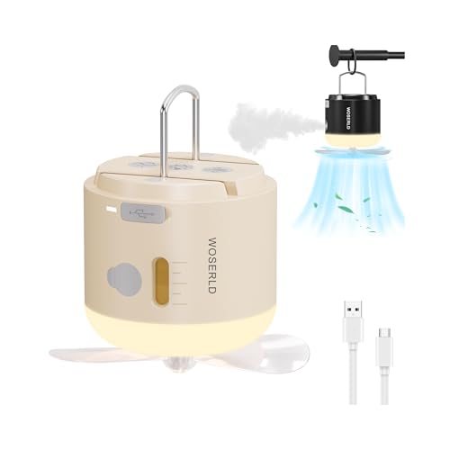WOSERLD Portable LED Camping Lights Fan Cooling & Moisturizing Spray Tent Lights for Camping SOS Lights, Mini Misting Fan 1200mAh Rechargeable Battery Can be Used for Outdoor Camping, Hiking, Awning