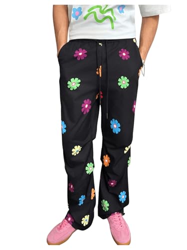Men's Floral Parachute Pants Ruched Y2K Drawstring Waist Wide Leg Streetwear Pants