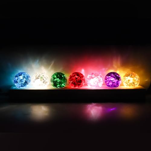 BlyeMichdi 7 Bunte Kristallkugel Nachtlicht, 40mm Glaskristallkugeln mit LED Holzsockel, Meditation Chakra Glaskugel Lampe, Leuchtkugeln Klein Bunt Heilkugeln Dekoration für Wohnzimmer Schlafzimmer