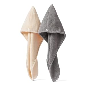 Amazon Basics Sneldrogende Microvezel Haarhanddoekwikkel, Haardrogende Handdoek, Grijs/Beige, Set van 2