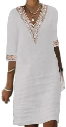 Akivide Women's Summer Cotton Linen V Neck Half Sleeve Mini Dress...