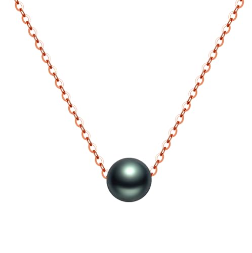 14K Solid Gold Tahitian Black Pearl Necklace, 9-10mm Round Cultured Black Pearl Pendant, Floating Pearl Choker Necklace for Women
