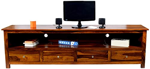 Image of Sheesham Solid Wood TV Cabinet for Living Room | Handcrafted Wooden TV Unit with Storage | Elegant Entertainment Stand for Modern Homes (4 Drawer Tv Cabinet, Teak)